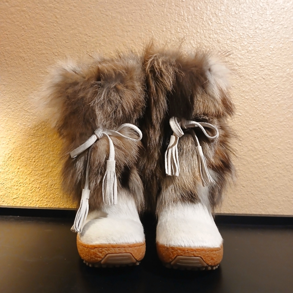 Oscar de la Renta Fox Fur Volpe Bianco Iceburg Chiaro Cream & Brown Boots - 40